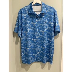 Vineyard Vines Men's Performance Polo Shirt Palm Tree Print Blue Golf‎ Size M